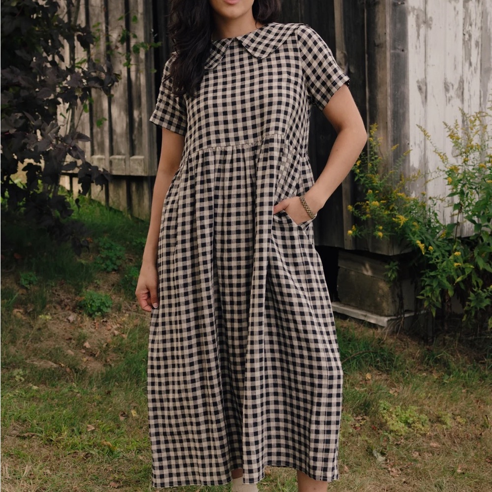 Tradlands 1X Homestead Dress- Black and Cream Gingham Linen Midi Dress